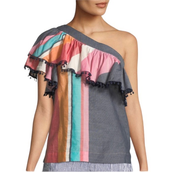 Trina Turk Los Angeles One-Shoulder Striped Cotton/ linen Blend Top size Medium - Picture 1 of 14